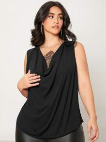 SHEIN Áo hai dây Plus Size Tương phản ren Vắt màu trơn Thanh lịch - màu đen - Xem 1