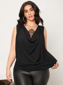 SHEIN Áo hai dây Plus Size Tương phản ren Vắt màu trơn Thanh lịch - màu đen - Xem 3