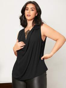 SHEIN Áo hai dây Plus Size Tương phản ren Vắt màu trơn Thanh lịch - màu đen - Xem 4
