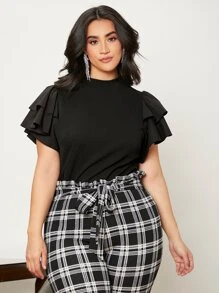 SHEIN Privé 大碼小高領蛋糕袖T恤 - 黑色 - 查看 1