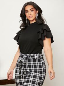 SHEIN Privé 大碼小高領蛋糕袖T恤 - 黑色 - 查看 3