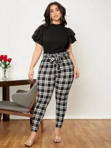 SHEIN Privé 大碼小高領蛋糕袖T恤 - 黑色 - 查看 5