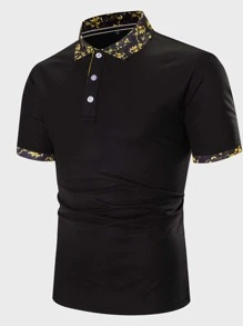 Manfinity Men Contrast Baroque Print Collar Polo Shirt - Black - View 1