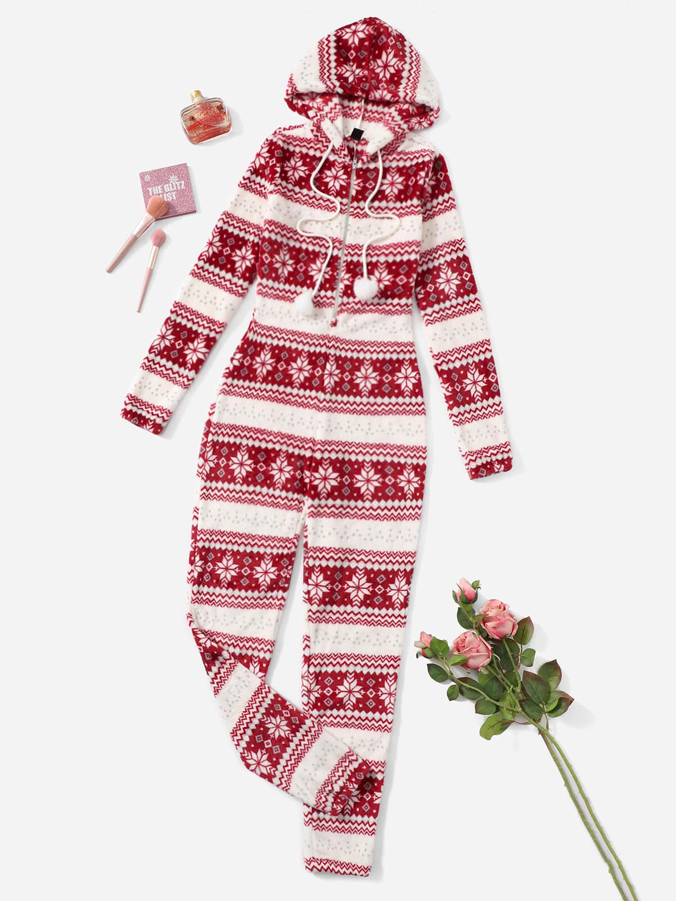 SHEIN Christmas Print Drawstring Hooded Flannel Jumpsuit - Red - View 1