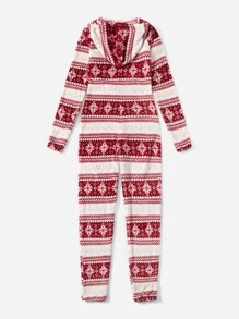 SHEIN Christmas Print Drawstring Hooded Flannel Jumpsuit - Red - View 2