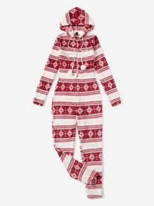 SHEIN Christmas Print Drawstring Hooded Flannel Jumpsuit - Red - View 3