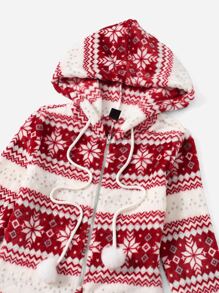 SHEIN Christmas Print Drawstring Hooded Flannel Jumpsuit - Red - View 4