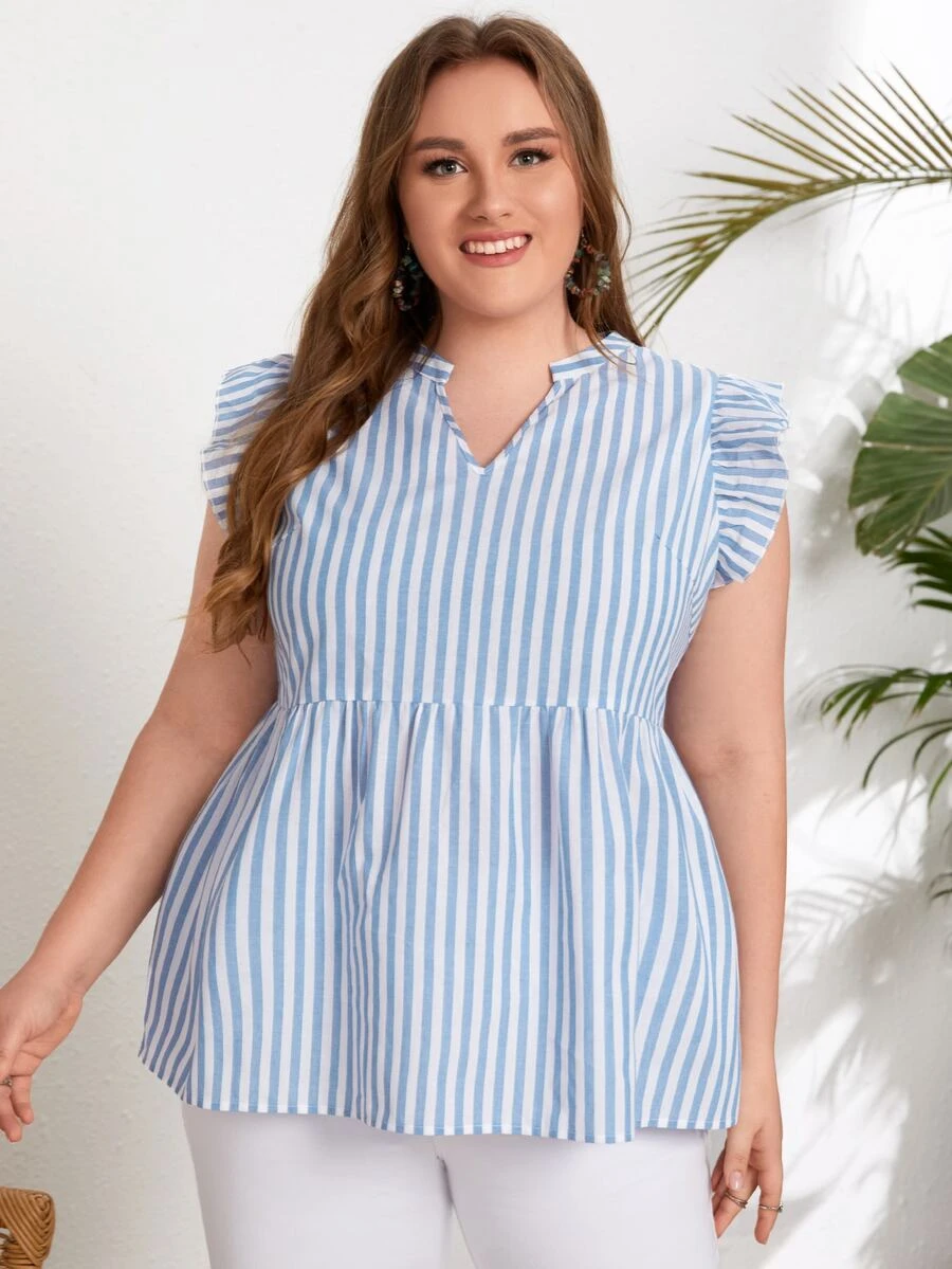 SHEIN Áo sơ mi Plus Size Xù Viên lá sen Sọc Giải trí - Xanh và trắng - Xem 1