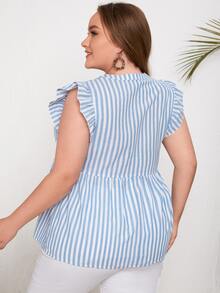 SHEIN Áo sơ mi Plus Size Xù Viên lá sen Sọc Giải trí - Xanh và trắng - Xem 2