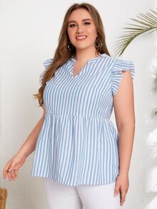 SHEIN Áo sơ mi Plus Size Xù Viên lá sen Sọc Giải trí - Xanh và trắng - Xem 6