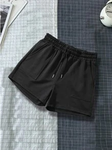 Manfinity Homme Pantalones cortos de sudadera con cordón en la cintura para hombres - Negro - Ver 1