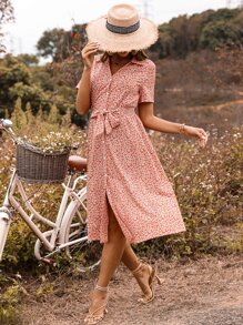 Đầm Nút phía trước Họa tiết hoa Boho - Nhiều màu - Xem 7