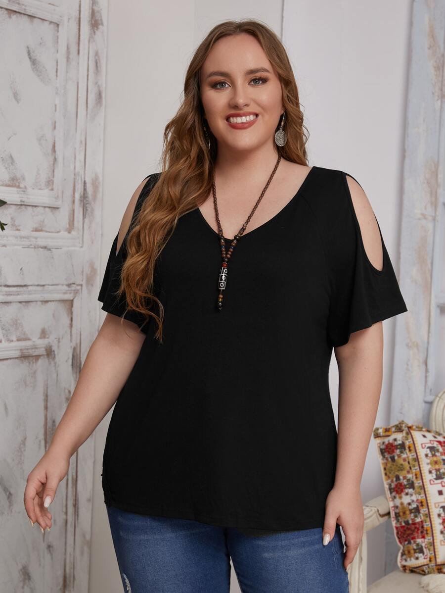 SHEIN LUNE Áo thun Plus size Cắt ra màu trơn Giải trí - màu đen - Xem 1
