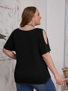 SHEIN LUNE Áo thun Plus size Cắt ra màu trơn Giải trí - màu đen - Xem 2