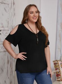 SHEIN LUNE Áo thun Plus size Cắt ra màu trơn Giải trí - màu đen - Xem 3