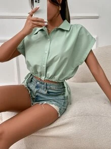 SHEIN Unity Camisa de manga murciélago bajo con cordón - verde menta - Ver 1