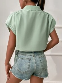 SHEIN Unity Camisa de manga murciélago bajo con cordón - verde menta - Ver 2