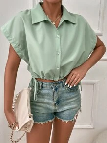 SHEIN Unity Camisa de manga murciélago bajo con cordón - verde menta - Ver 4