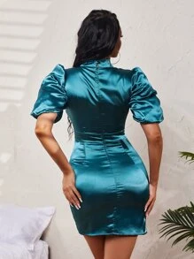 SHEIN SXY Cut Out Mock Neck Puff Sleeve Satin Bodycon Dress - Teal Blue - View 2