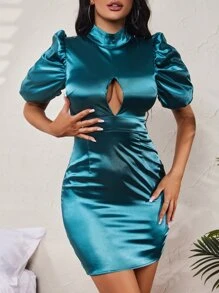 SHEIN SXY Cut Out Mock Neck Puff Sleeve Satin Bodycon Dress - Teal Blue - View 3