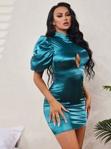 SHEIN SXY Cut Out Mock Neck Puff Sleeve Satin Bodycon Dress - Teal Blue - View 4