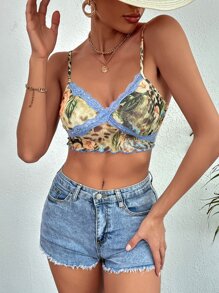 SHEIN WYWH 性感蕾絲拼接 木耳邊花卉印花吊帶 - 彩色 - 查看 1