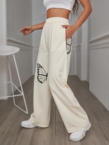 SHEIN SXY Butterfly Print Elastic Waist Sweatpants - Apricot - View 1