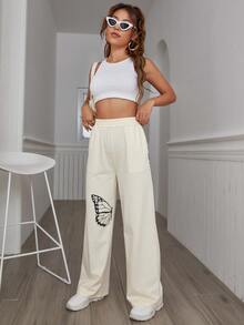 SHEIN SXY Butterfly Print Elastic Waist Sweatpants - Apricot - View 3