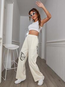 SHEIN SXY Butterfly Print Elastic Waist Sweatpants - Apricot - View 4