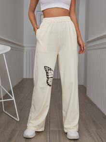 SHEIN SXY Butterfly Print Elastic Waist Sweatpants - Apricot - View 5