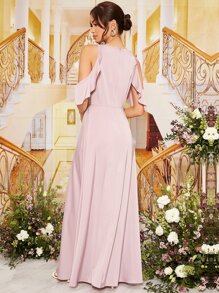 SHEIN Belle Cold Shoulder Ruffle Trim Split Thigh Satin Bridesmaid Dress - Dusty Purple - View 2