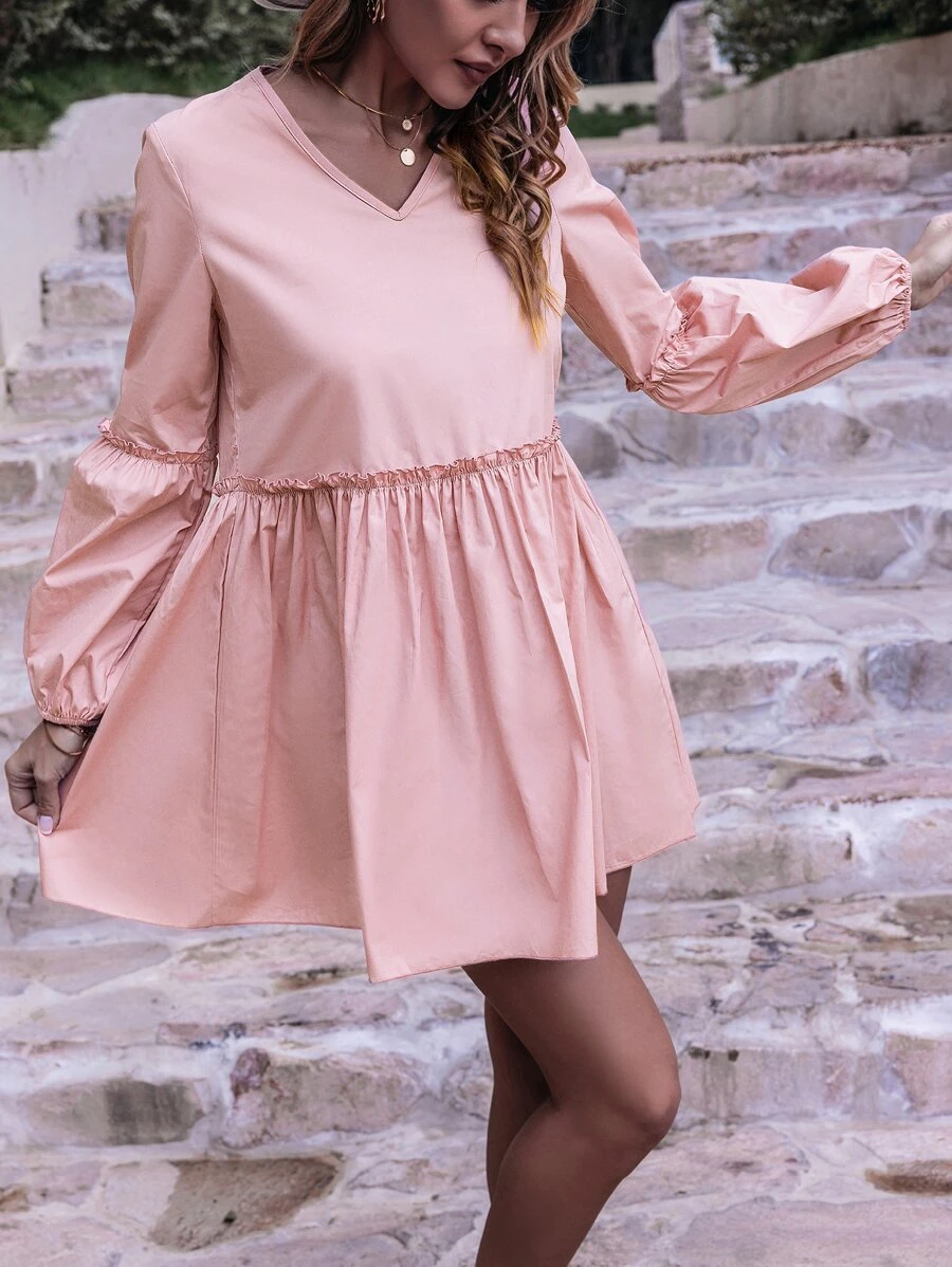 SHEIN Unity 燈籠袖褶邊洋裝 - 淺粉色 - 查看 1