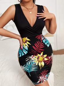 SHEIN SXY 熱帶圖案交疊領緊身洋裝 - 黑色 - 查看 1