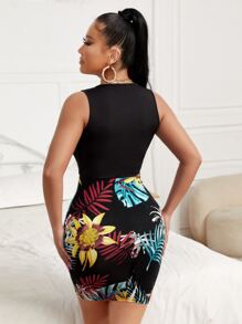 SHEIN SXY 熱帶圖案交疊領緊身洋裝 - 黑色 - 查看 2