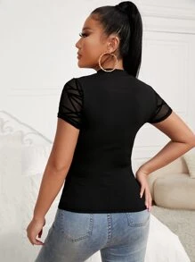 SHEIN Unity Camiseta con abertura en contraste geométrico de malla - Negro - Ver 2