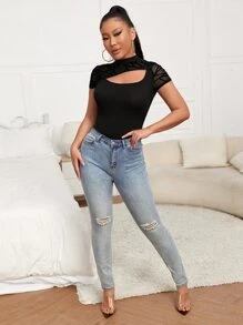 SHEIN Unity Camiseta con abertura en contraste geométrico de malla - Negro - Ver 3