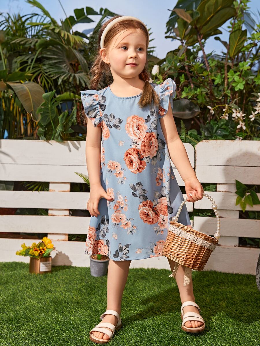 SHEIN 年輕女孩花卉印花蝴蝶袖連身裙