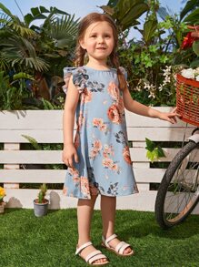 SHEIN 年輕女孩花卉印花蝴蝶袖連身裙