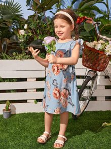 SHEIN 年輕女孩花卉印花蝴蝶袖連身裙