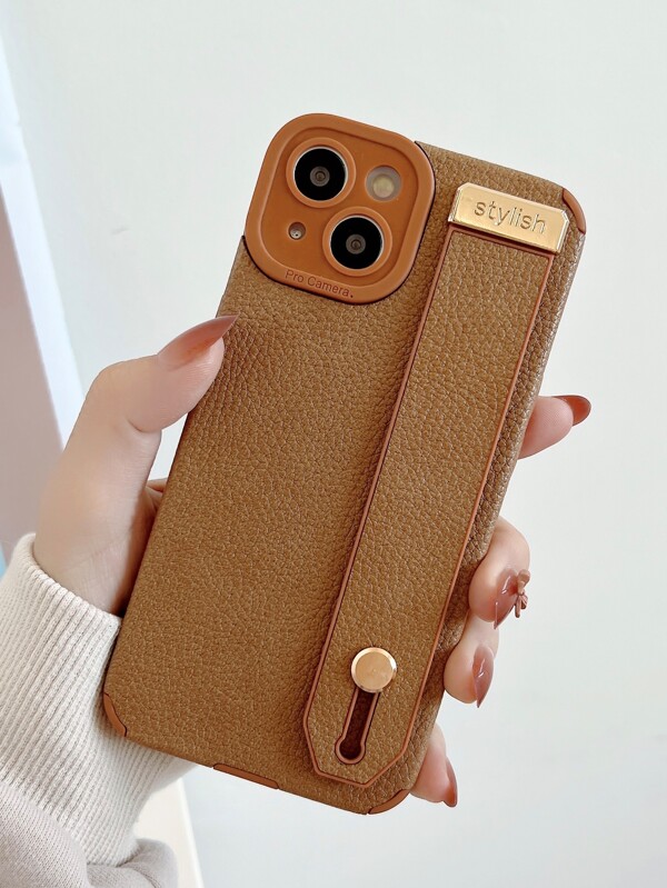 1PC Khaki Solid Color Lychee Pattern Wrist Strap Phone Case Compatible With IPhone 15/14/13/12/11/Xr/Xmax Waterproof Shockproof Anti-Fall Scratch Resistant