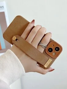 1PC Khaki Solid Color Lychee Pattern Wrist Strap Phone Case Compatible With IPhone 15/14/13/12/11/Xr/Xmax Waterproof Shockproof Anti-Fall Scratch Resistant