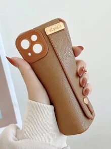 1PC Khaki Solid Color Lychee Pattern Wrist Strap Phone Case Compatible With IPhone 15/14/13/12/11/Xr/Xmax Waterproof Shockproof Anti-Fall Scratch Resistant