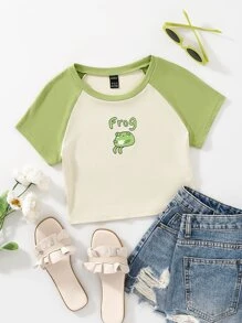 SHEIN Qutie Camiseta con estampado de dibujos animados y letra de manga raglán - Beis - Ver 1