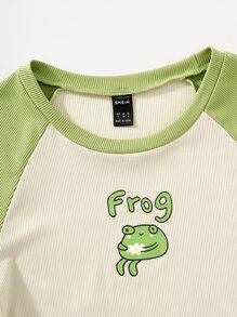SHEIN Qutie Camiseta con estampado de dibujos animados y letra de manga raglán - Beis - Ver 3
