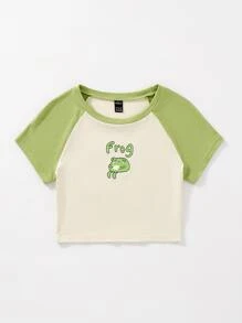 SHEIN Qutie Camiseta con estampado de dibujos animados y letra de manga raglán - Beis - Ver 6