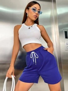 Quần đùi nữ Dây kéo Túi màu trơn Giải trí - Xanh đậm - Xem 1