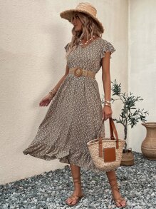 SHEIN Unity 碎花蝴蝶袖荷葉邊連衣裙不附腰帶 - 彩色 - 查看 1