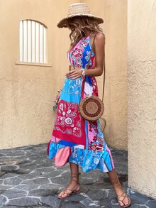 佩斯利印花後綁帶荷葉邊掛脖洋裝不附腰帶 - 彩色 - 查看 3