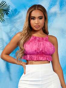 SHEIN SXY 荷葉邊胸部褶皺後背繫帶吊帶上衣 - 粉色 - 查看 3