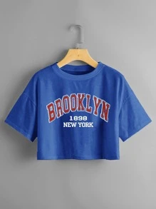 SHEIN Unity Camiseta corta de hombros caídos con estampado de letra - Azul - Ver 1